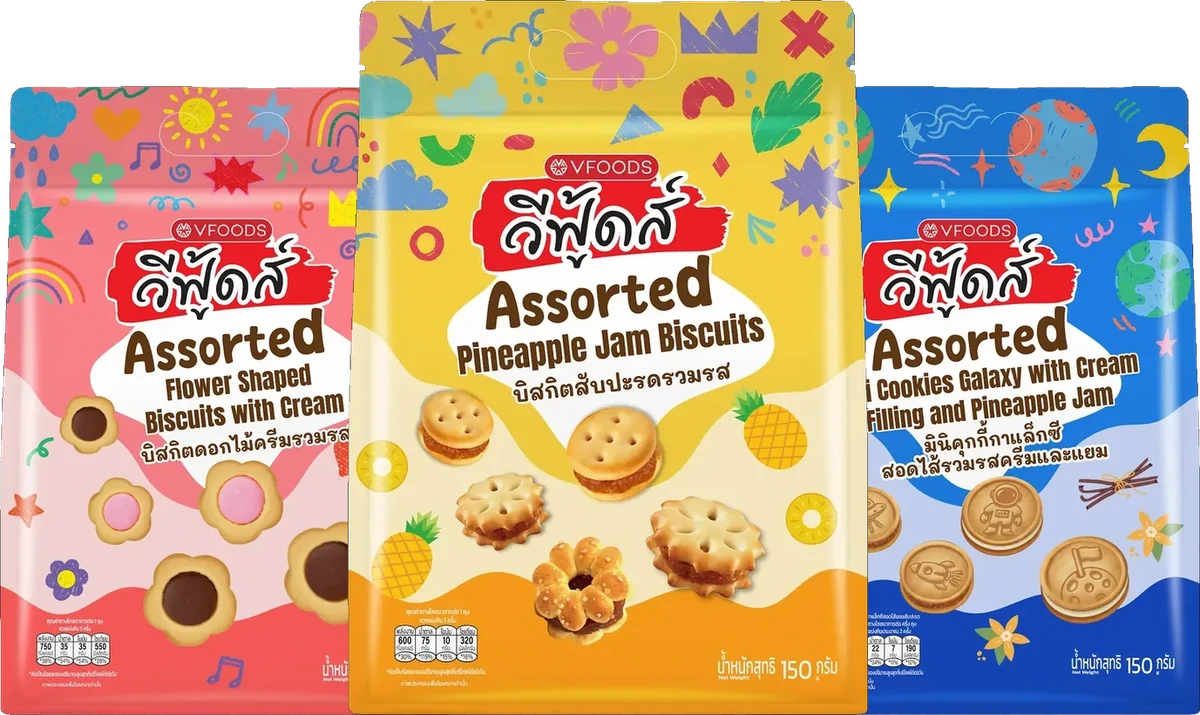 ซอง Assorted บิสกิตดอกไม้ครีม บิสกิตสับปะรด และมินิคุกกี้กาแล็กซี 150 กรัม