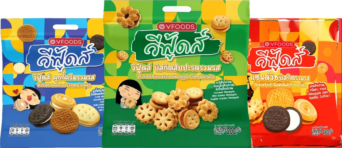 ถุงหูหิ้ว VFoods คุกกี้ครีม บิสกิตสับปะรด และแซนด์วิชบิสกิตรวมรส