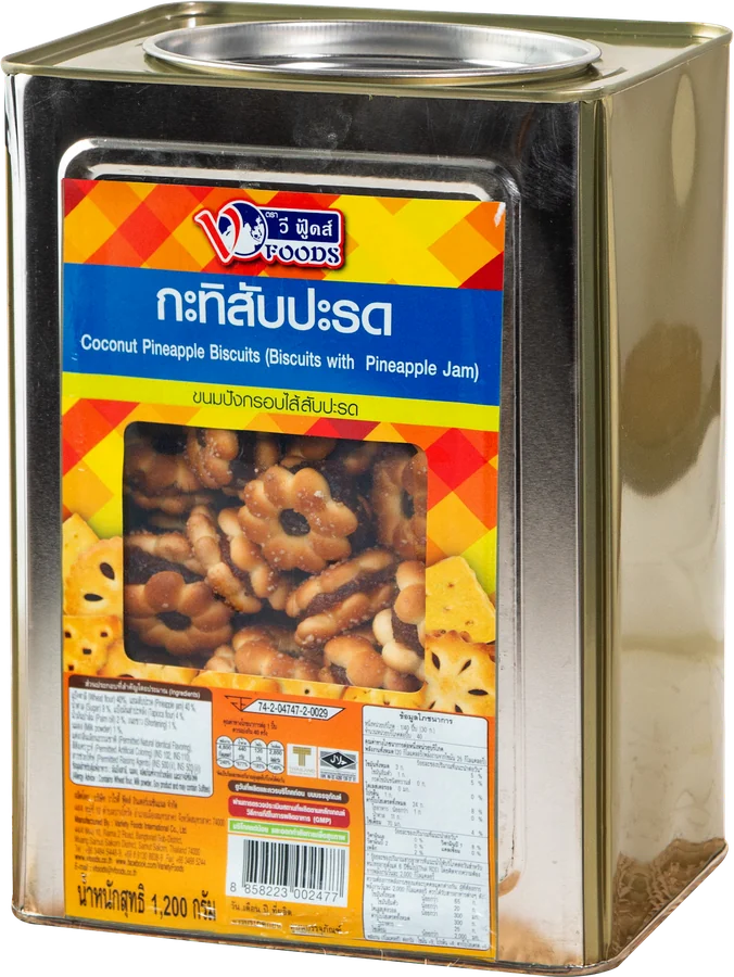 ปี๊บเล็กหน้าพลาสติก บรรจุคุกกี้กะทิสับปะรด